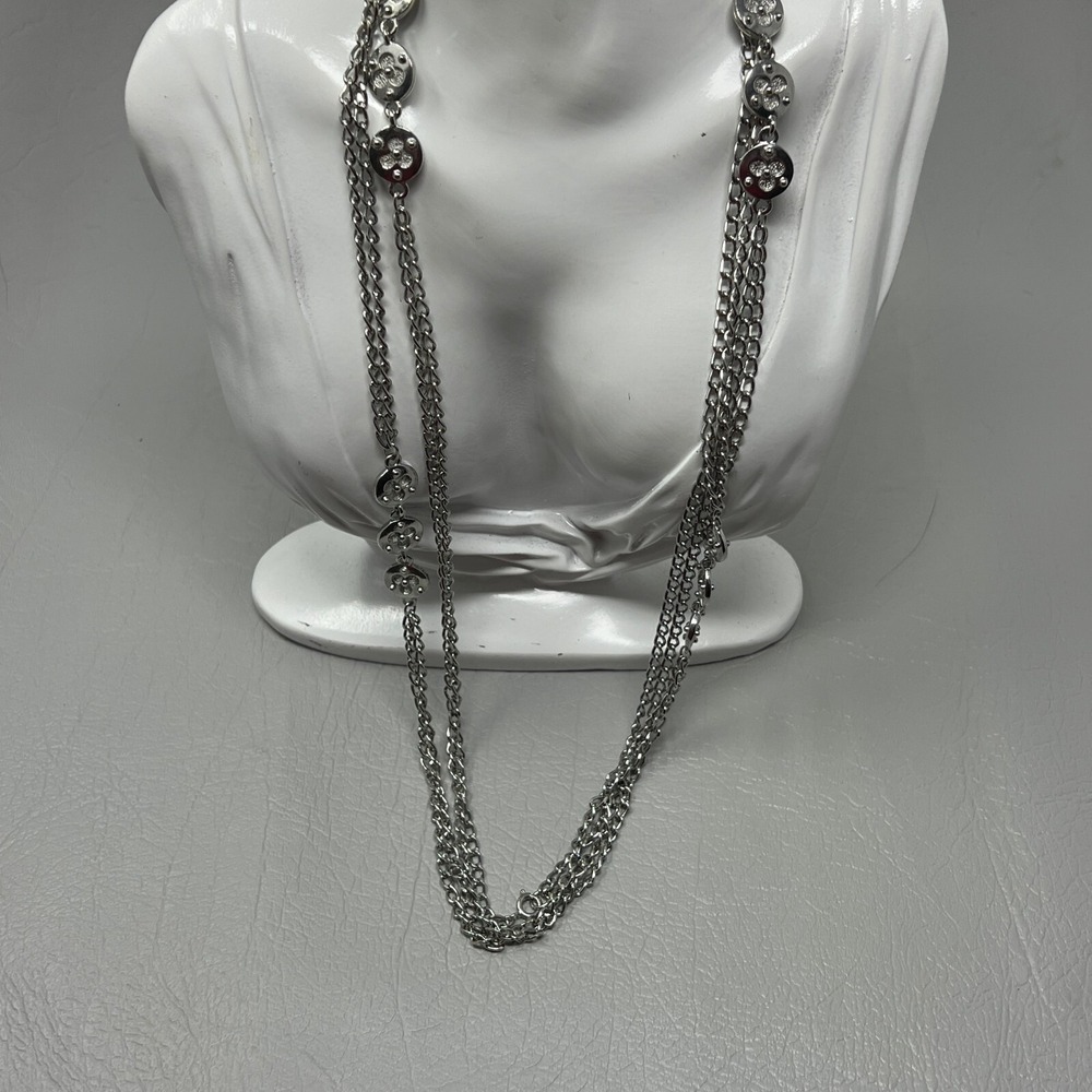 Vintage Silver Tone‎ Chain Necklace Beaded Stations 56 inches